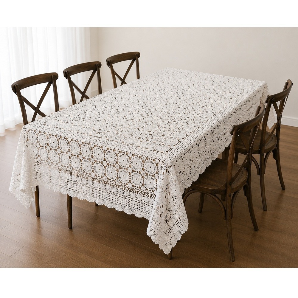 Vintage Handmade Crochet Lace Tablecloth Mauve Dusty Rose Cotton Rectangle
